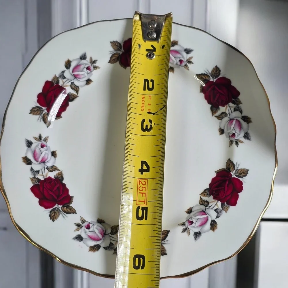 Royal Vale Bone China Tea Trio Red White Rose‎ Pattern Made in England Vintage